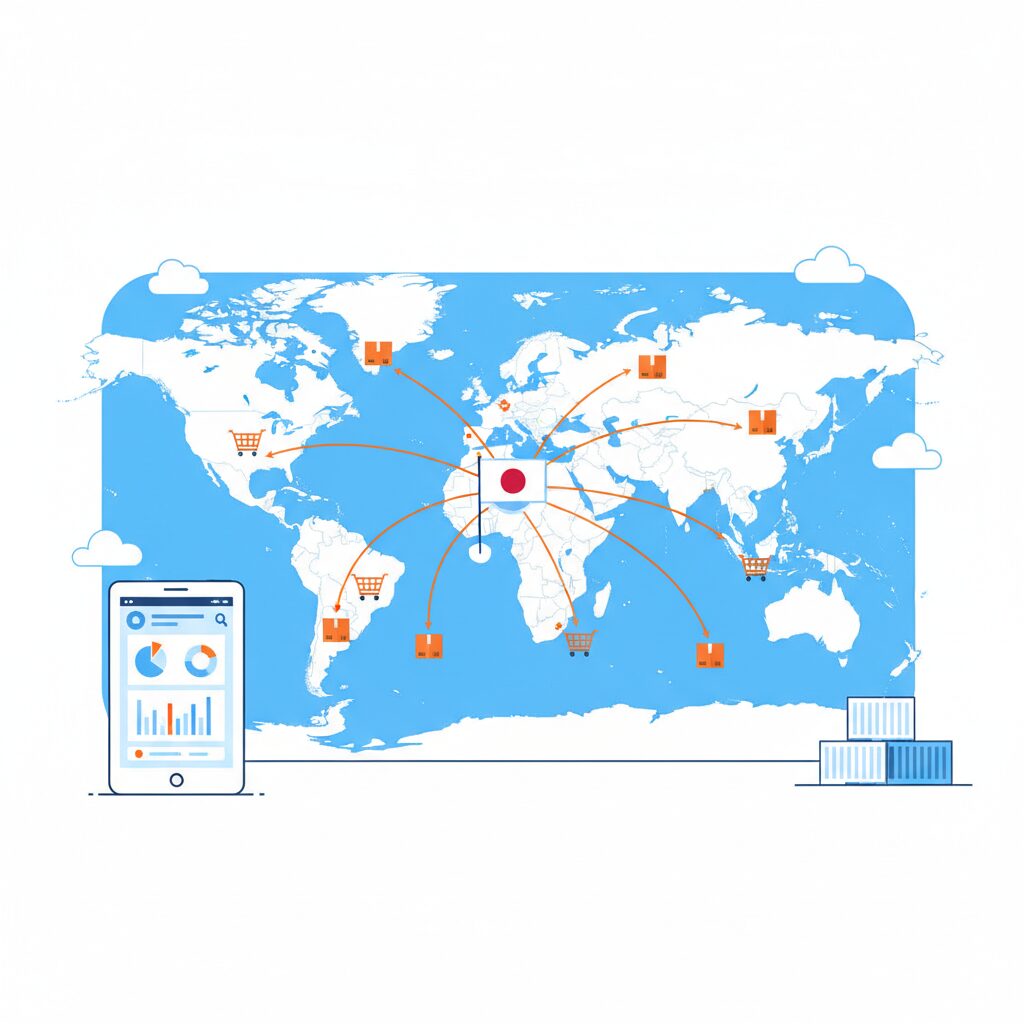 越境EC市場と日本のEC事業者をつなぐグローバルコマースのイメージ