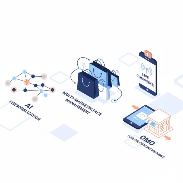 2026年EC業界トレンドのイメージ図（AI、マルチモール、ライブコマース、OMO）