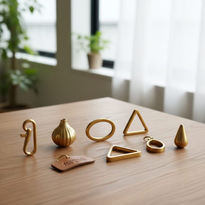 神戸の職人が手作りしたGKB BRASSの真鍮キーリング6種類が並んだ商品写真