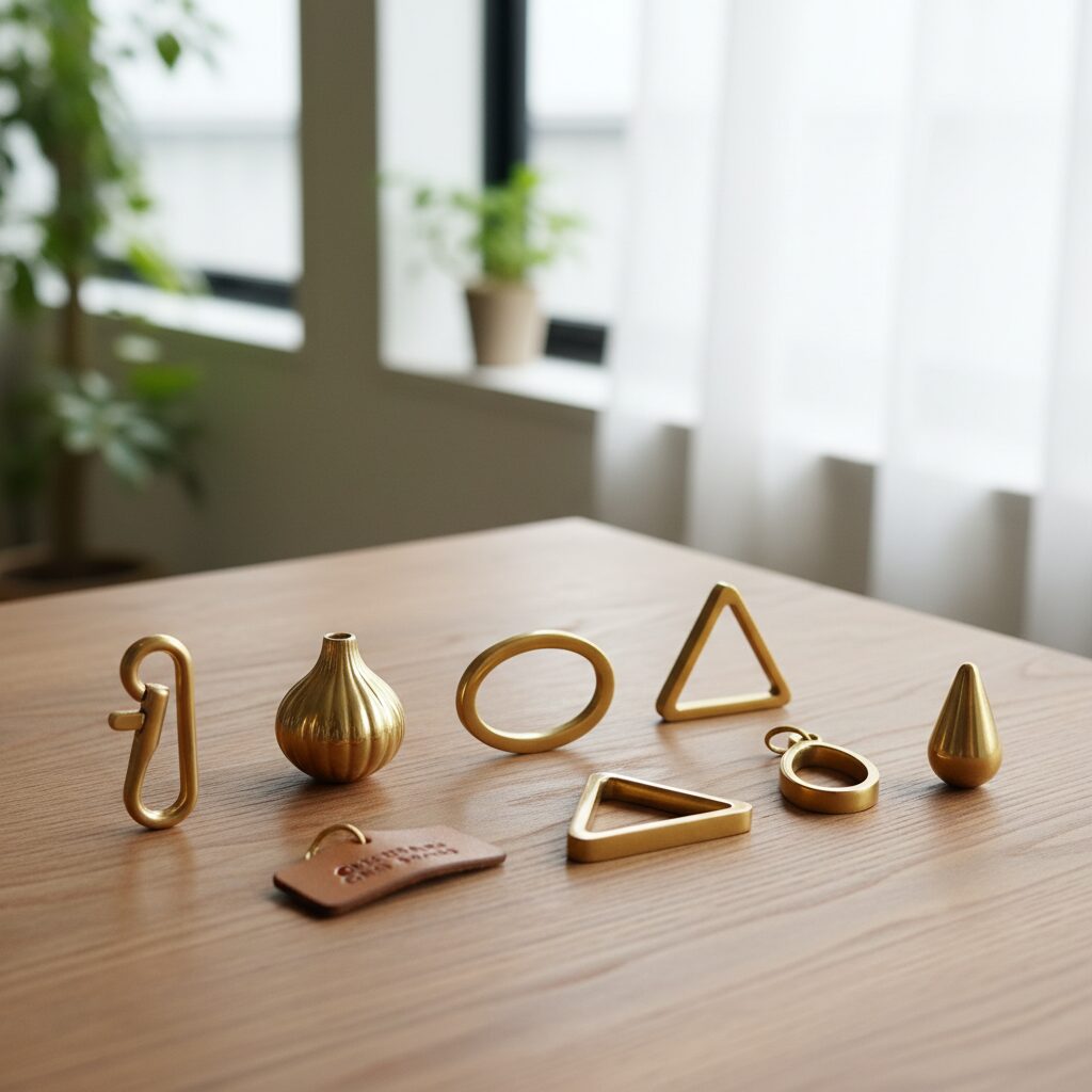 神戸の職人が手作りしたGKB BRASSの真鍮キーリング6種類が並んだ商品写真