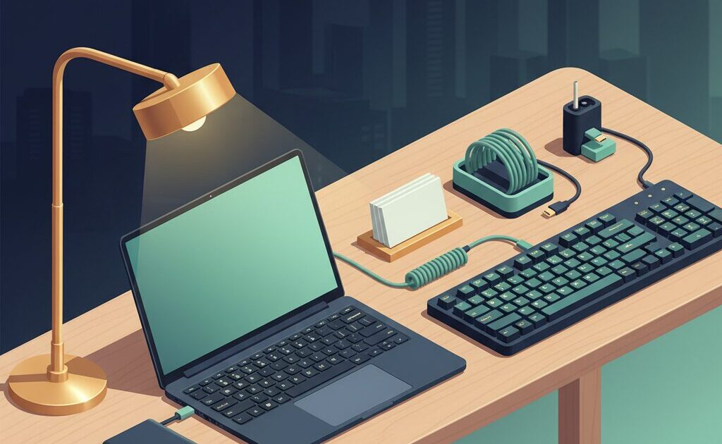 神戸の1人法人代表のデスク環境イメージ:ノートPC・キーボード・デスクランプ・モバイルバッテリーを配置したアイソメトリックなワークスペース