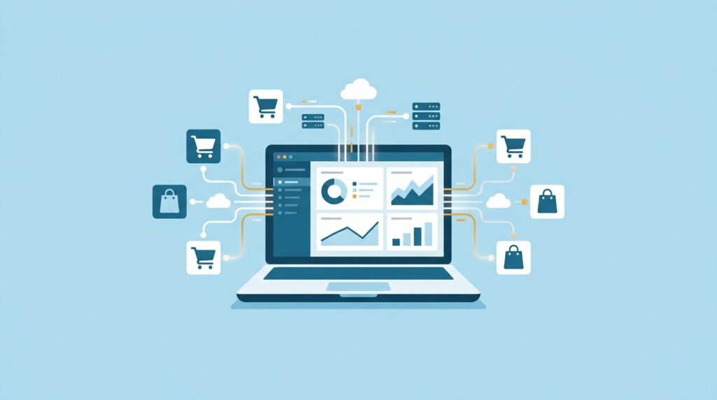 ネットショップの受注をAPIで自動取得・複数モールのデータ連携を表すイメージ図